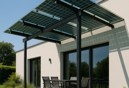 Detached modern house with solar pergola made of green-tinted semi-transparent photovoltaic panels