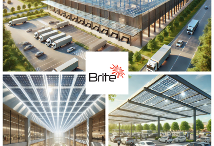 Brite Solar’s semi-transparent panels offer supermarkets and distribution centers clean energy generation, shading, and cost efficiency.