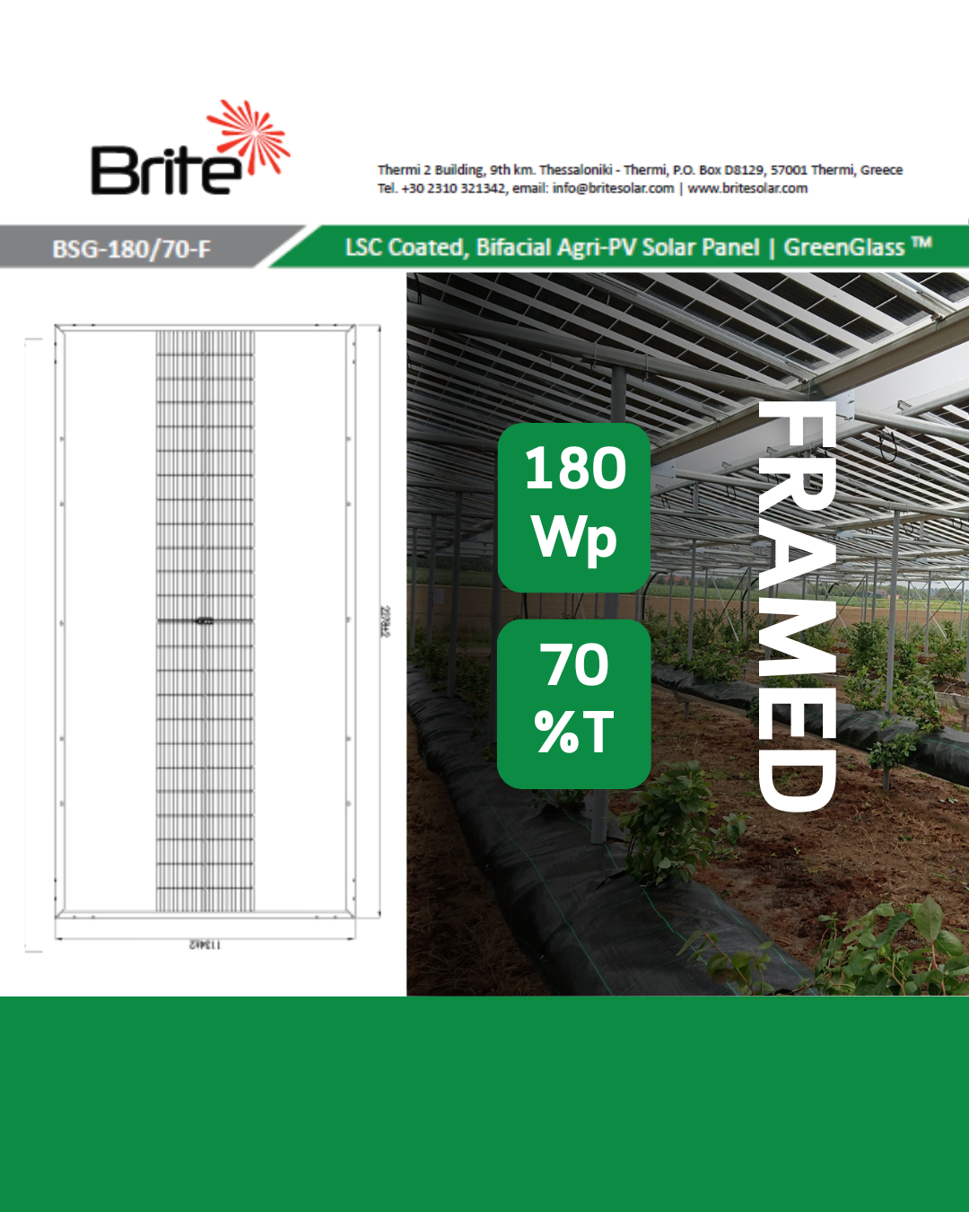 Technical datasheet for the BSG-180_70_48-F agrivoltaic panel by Brite Solar.