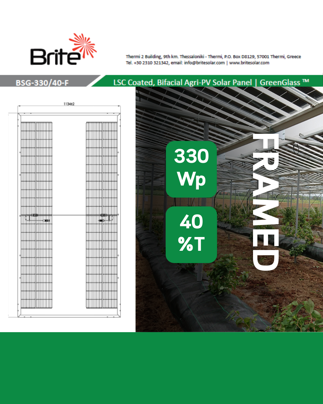 Technical datasheet for the BSG-330_40-F agrivoltaic panel by Brite Solar.